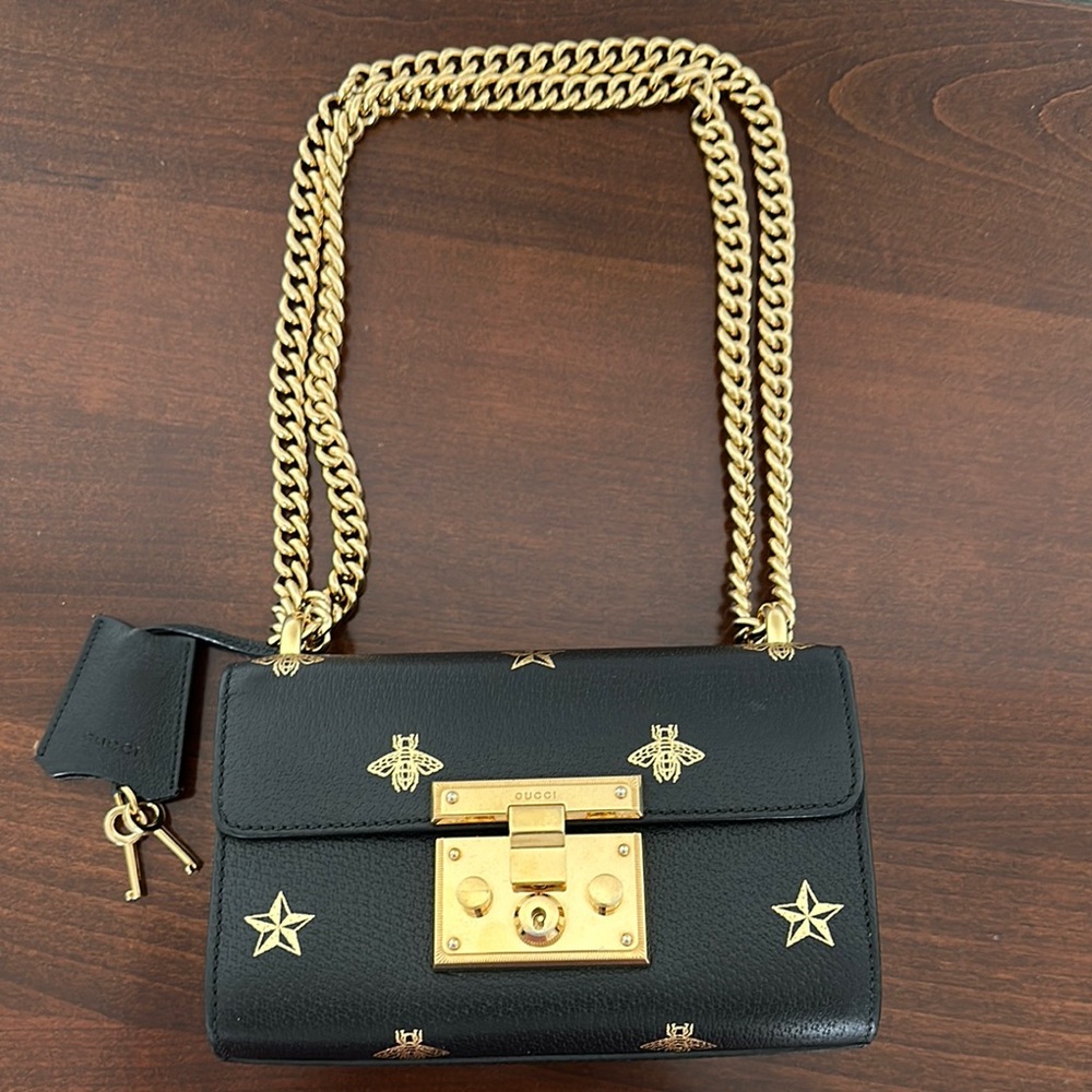 Gucci Calfskin Padlock Small Should Bag with Bee and Star Printed